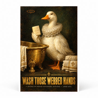 Funny Duck Bathroom Etiquette Poster, Wash Those Webbed Hands Art