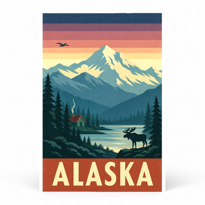 Alaska Vintage Travel Poster, Mountain and Moose Wilderness Wall Art