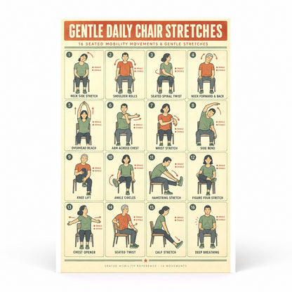 Gentle Daily Chair Stretches Poster, Seated Mobility Exercise Chart