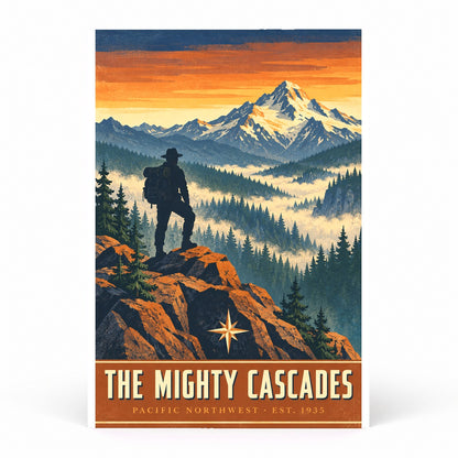 The Mighty Cascades Poster, Vintage Alpine Explorer Wall Art