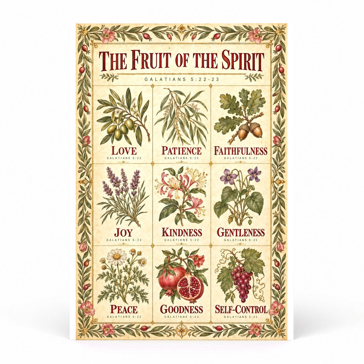 Fruit of the Spirit Botanical Poster, Galatians 5 Herbarium Field Guide