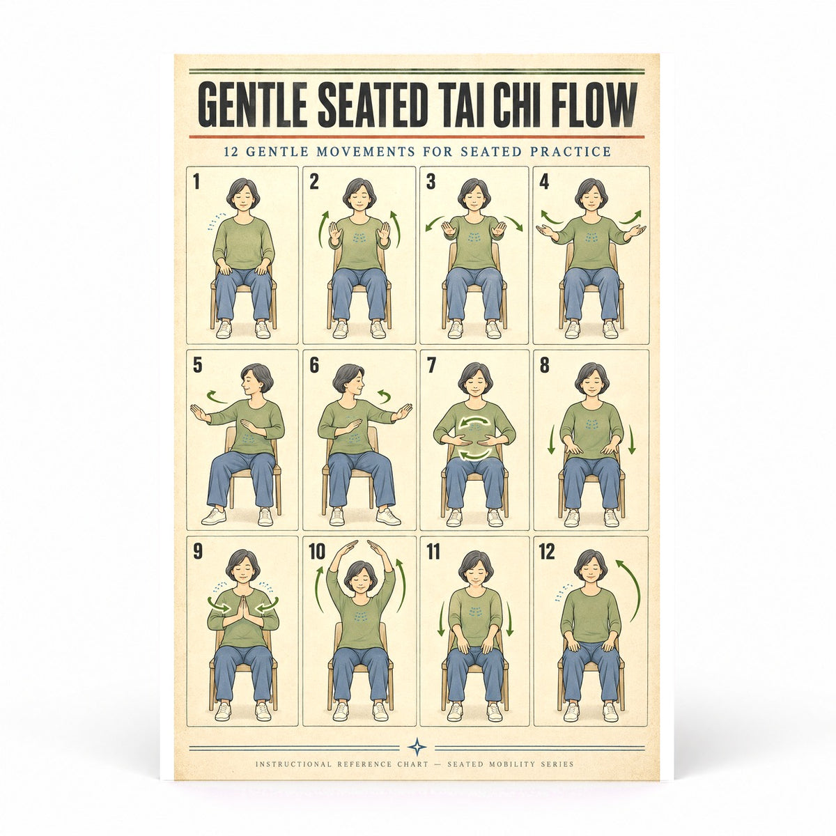 Gentle Seated Tai Chi Flow Poster, Chair Exercise Chart for Seniors