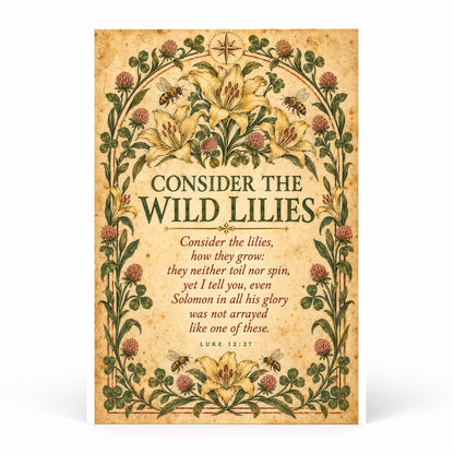 Consider the Wild Lilies Luke 12:27 Poster, Christian Botanical Wall Art