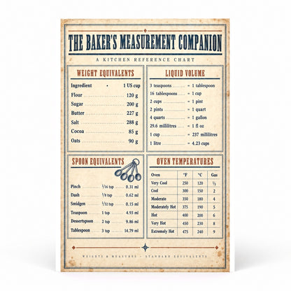 Bakers Measurement Companion Poster, Kitchen Conversion Art Chart