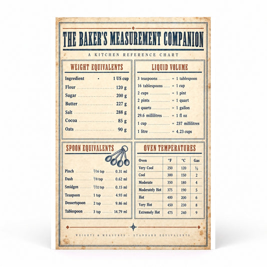 Bakers Measurement Companion Poster, Kitchen Conversion Art Chart