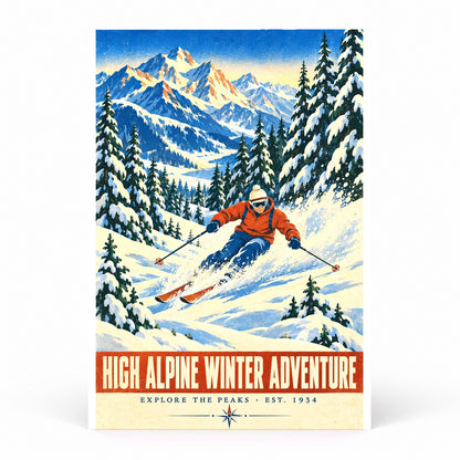 High Alpine Winter Adventure Poster, Vintage Downhill Skier Art