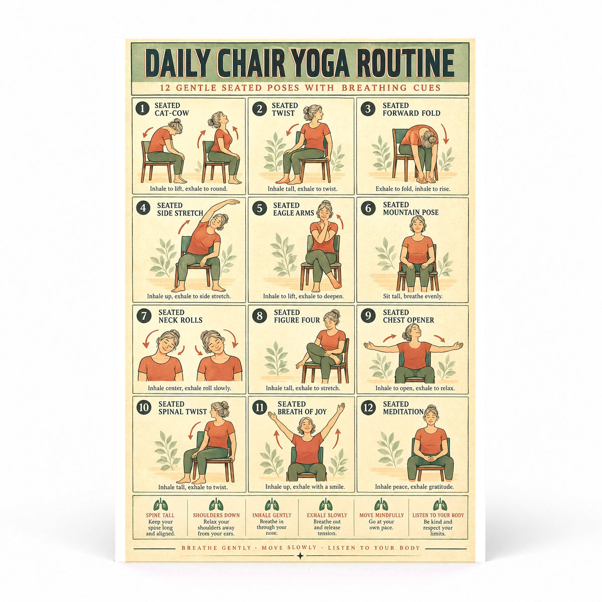Daily Chair Yoga Routine Poster, Gentle Seated Exercise Chart