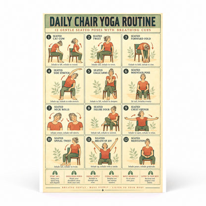 Daily Chair Yoga Routine Poster, Gentle Seated Exercise Chart
