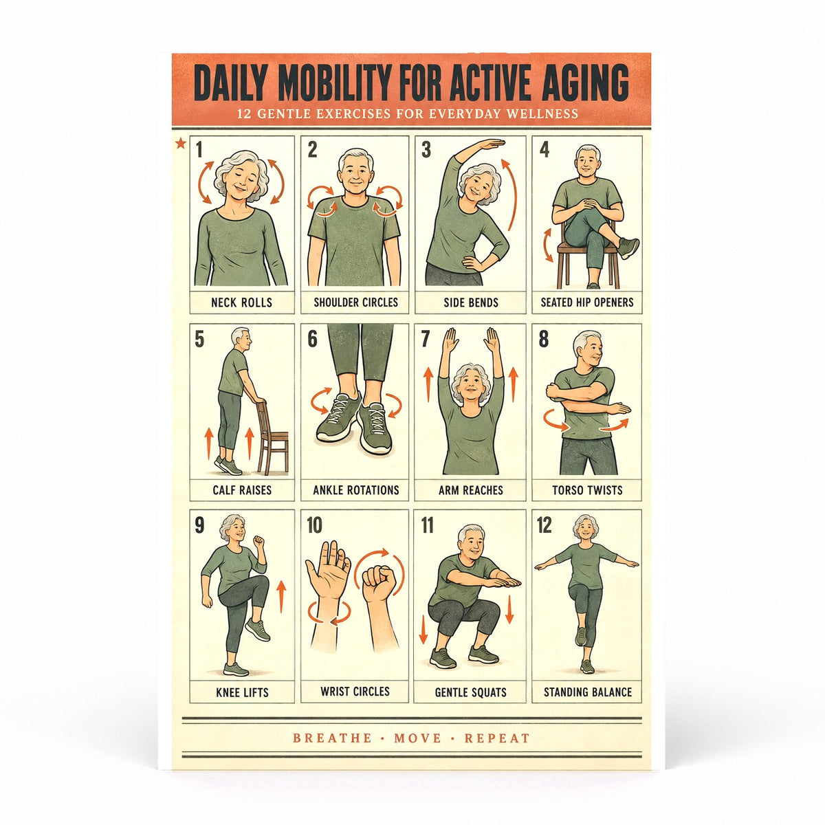 Daily Mobility for Active Aging Poster, Senior Exercise Chart