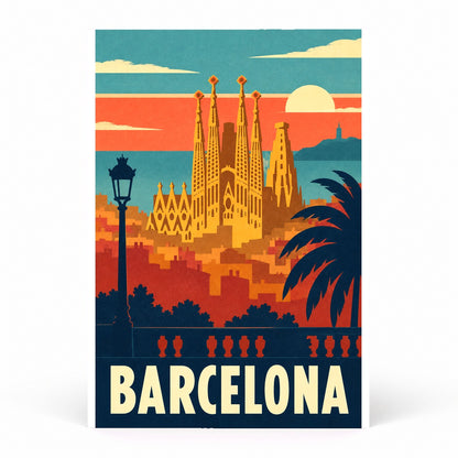 Barcelona Vintage Travel Poster, Spain Cityscape Art Print