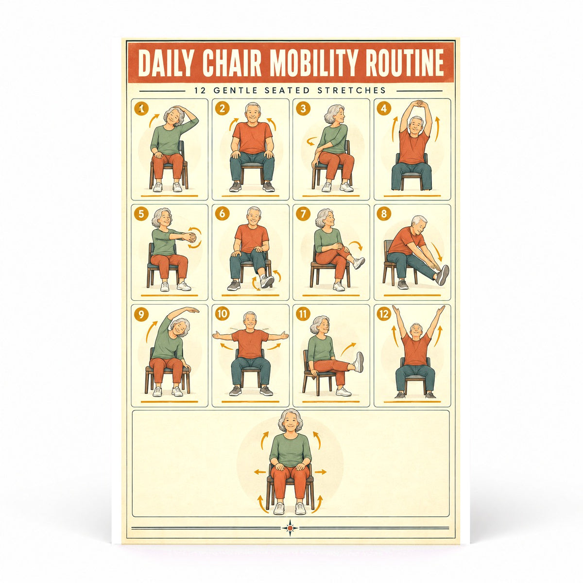 Daily Chair Mobility Routine Poster, Seated Senior Exercise Chart