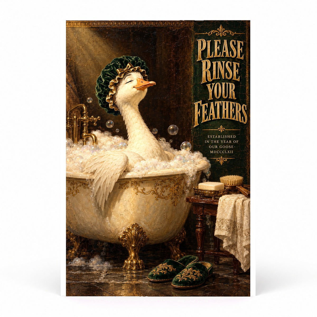 Aristocratic Goose in Clawfoot Bath Art Poster, Funny Bathroom Decor
