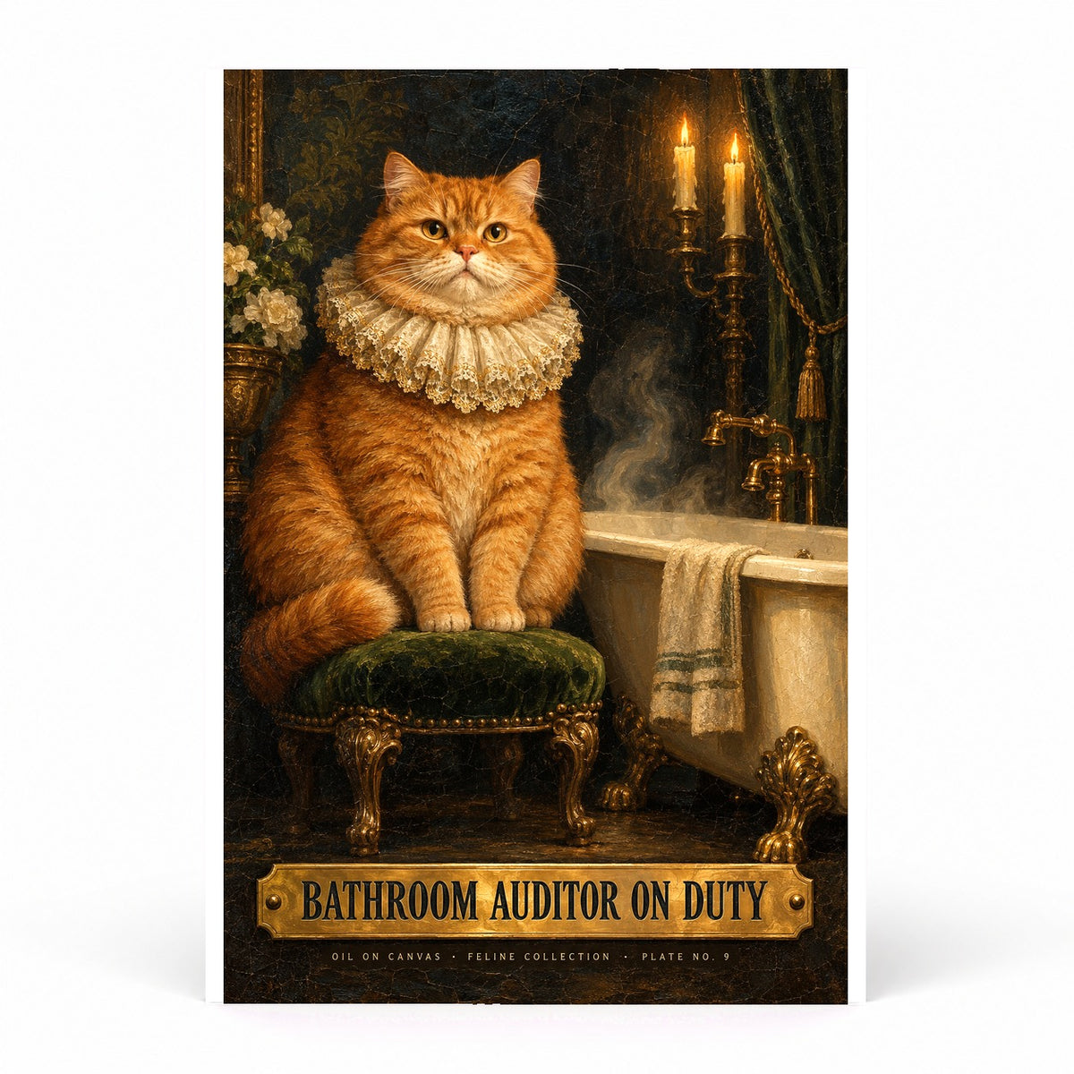 Bathroom Auditor Cat Poster, Funny Victorian Oil Painting Wall Art