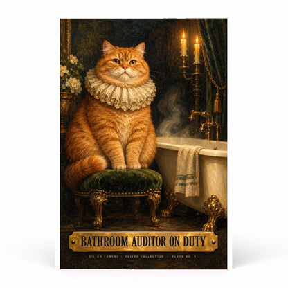 Bathroom Auditor Cat Poster, Funny Victorian Oil Painting Wall Art