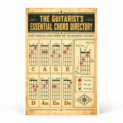 Vintage Guitar Chord Directory Poster, Acoustic Music Reference Wall Art