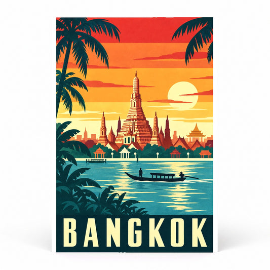Bangkok Vintage Travel Art Poster, Thailand Wall Decor