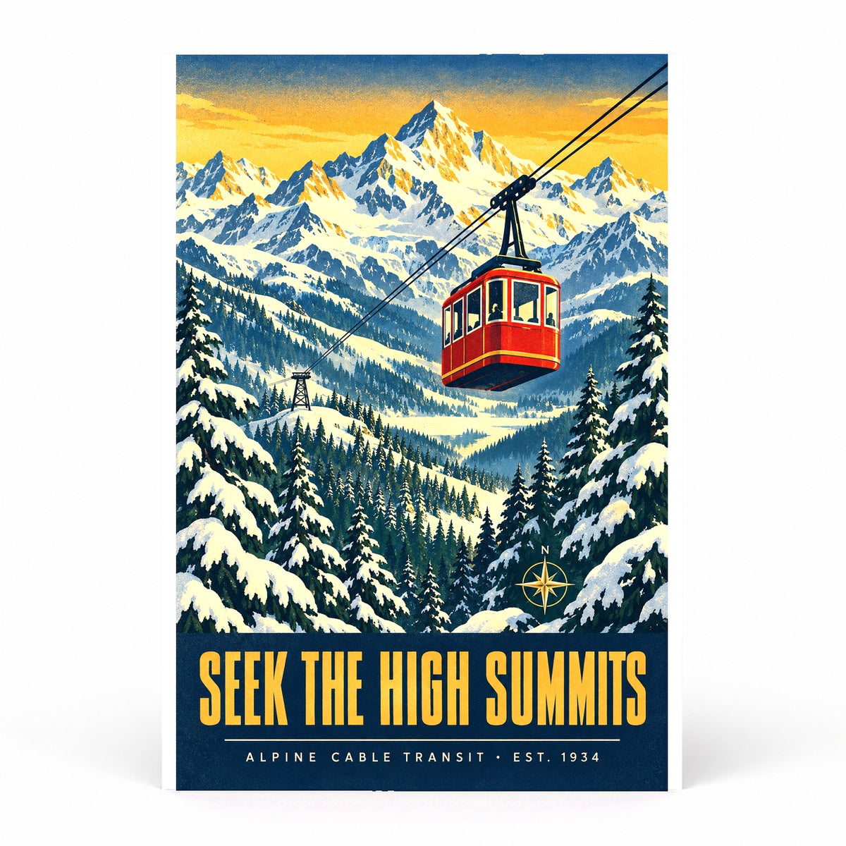 Alpine Tramway Winter Vista Art Poster, Seek the High Summits