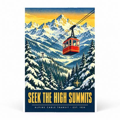 Alpine Tramway Winter Vista Art Poster, Seek the High Summits