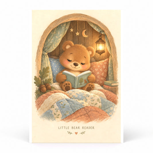 Little Bear Reader Art Poster, Woodland Bedtime Story Nursery Decor