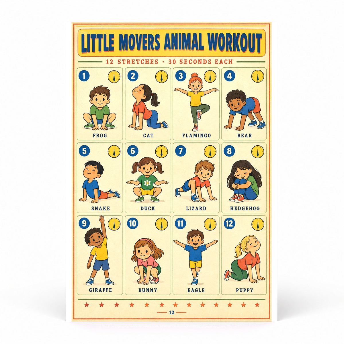 Kids Animal Workout Chart Poster for Playrooms and Gyms