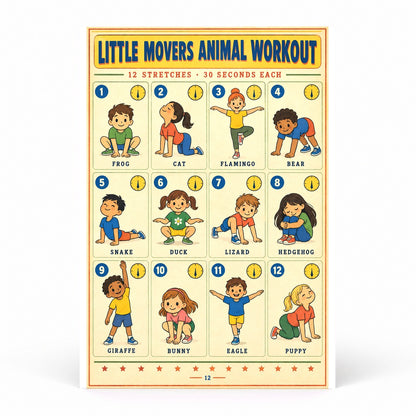 Kids Animal Workout Chart Poster for Playrooms and Gyms