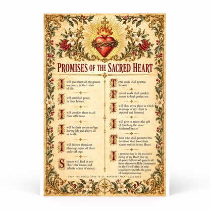 Sacred Heart Twelve Promises Broadside Poster, Catholic Devotional Art