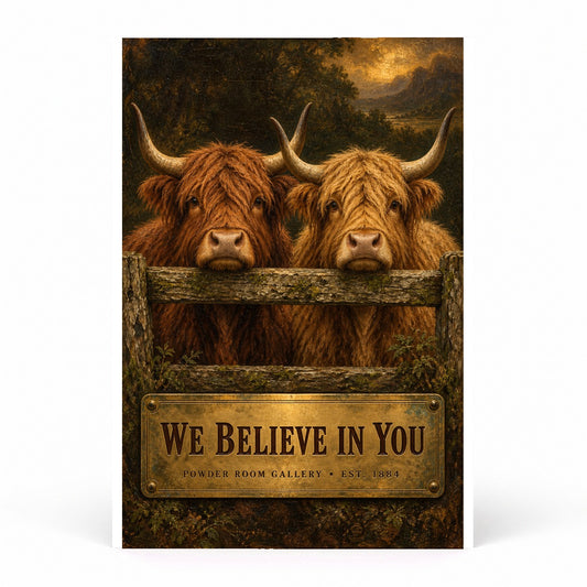 We Believe in You Highland Cattle Bathroom Humor Art Poster