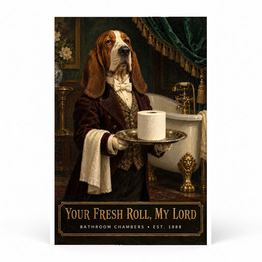 Bath Butler Dog Art Poster, Funny Victorian Bathroom Decor