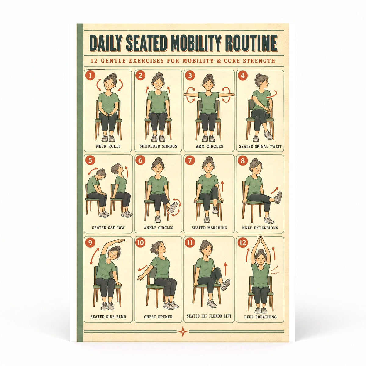 Seated Mobility Routine Chart Poster, Daily Chair Exercise Art