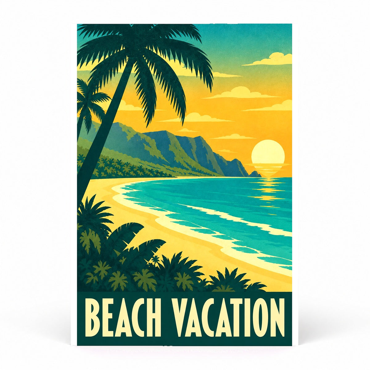 Beach Vacation Vintage Travel Poster, Retro Tropical Wall Art