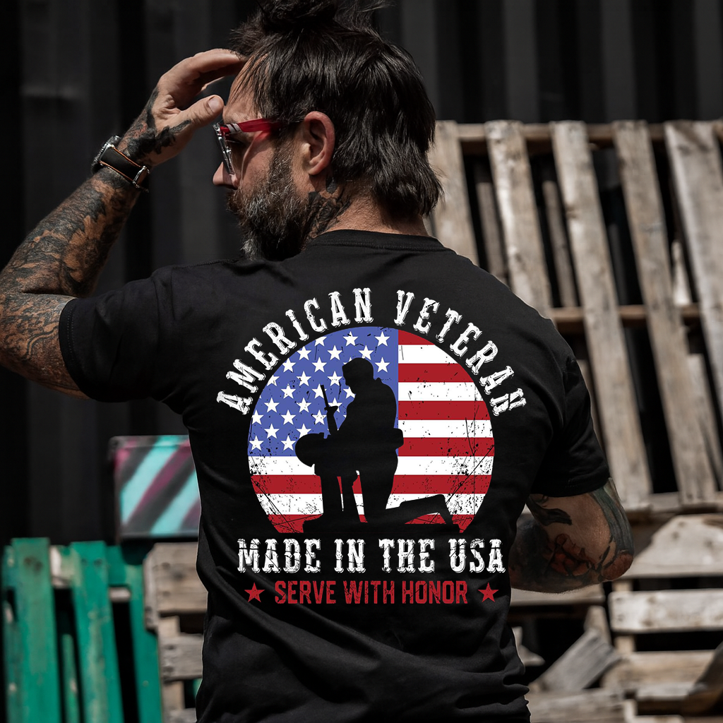 American Veteran T-Shirt for Men - Proudly Made in USA, Serve with Honor. Perfect Gift for a Veteran Dad or Grandpa.