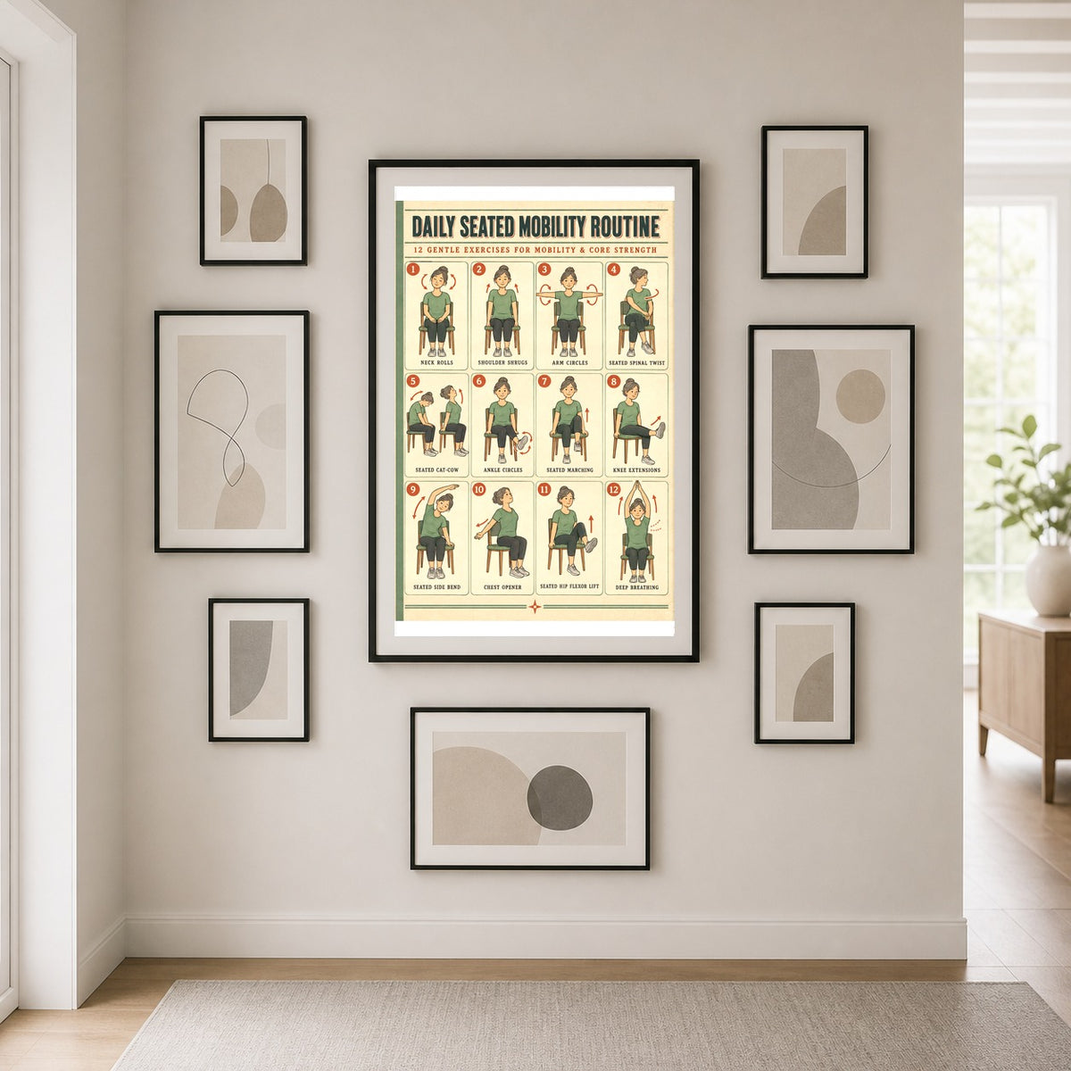 Seated Mobility Routine Chart Poster, Daily Chair Exercise Art