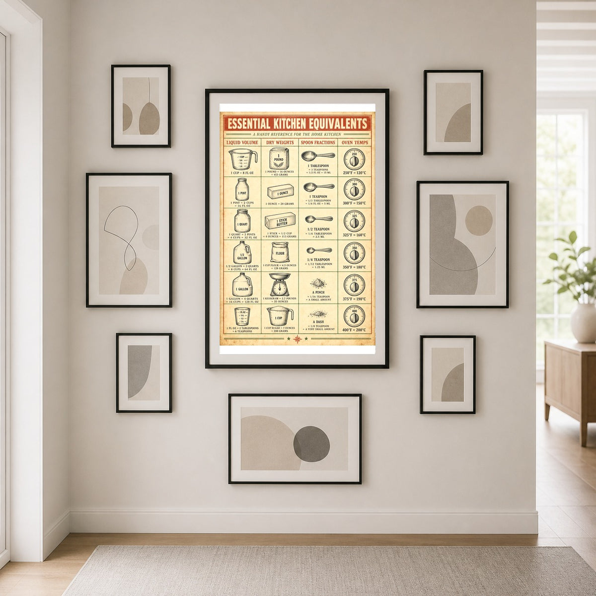 Kitchen Equivalents Chart Poster, Baking Conversion Art