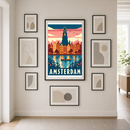 Amsterdam Travel Poster, Retro Netherlands Canal City Skyline Wall Art
