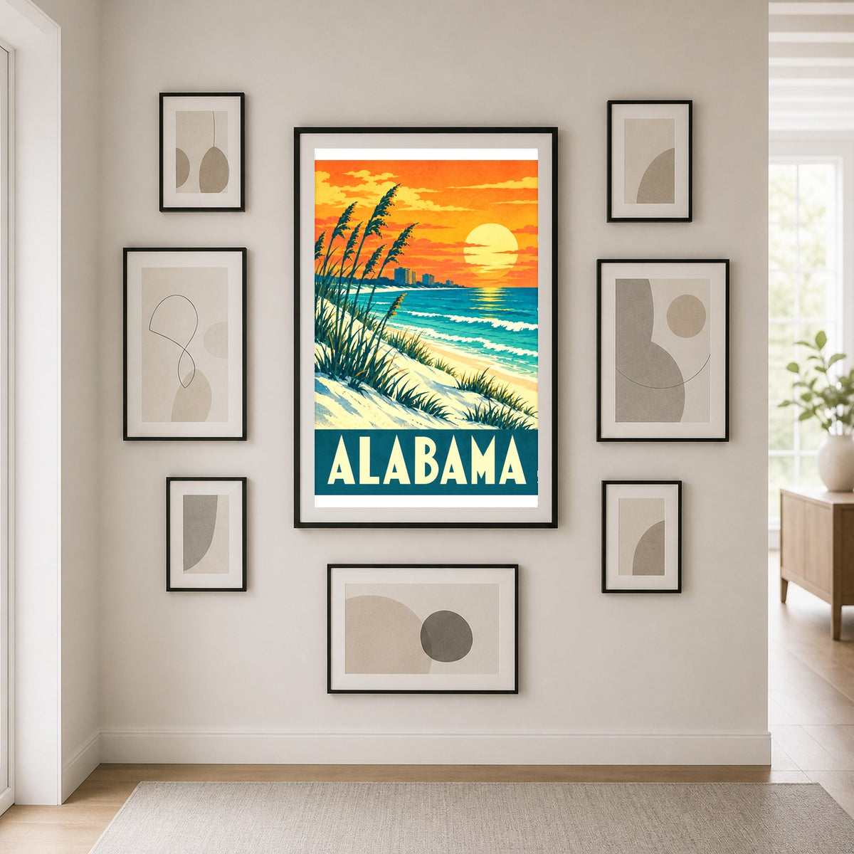 Alabama Vintage Beach Travel Poster, Retro Coastal Dunes Art Print