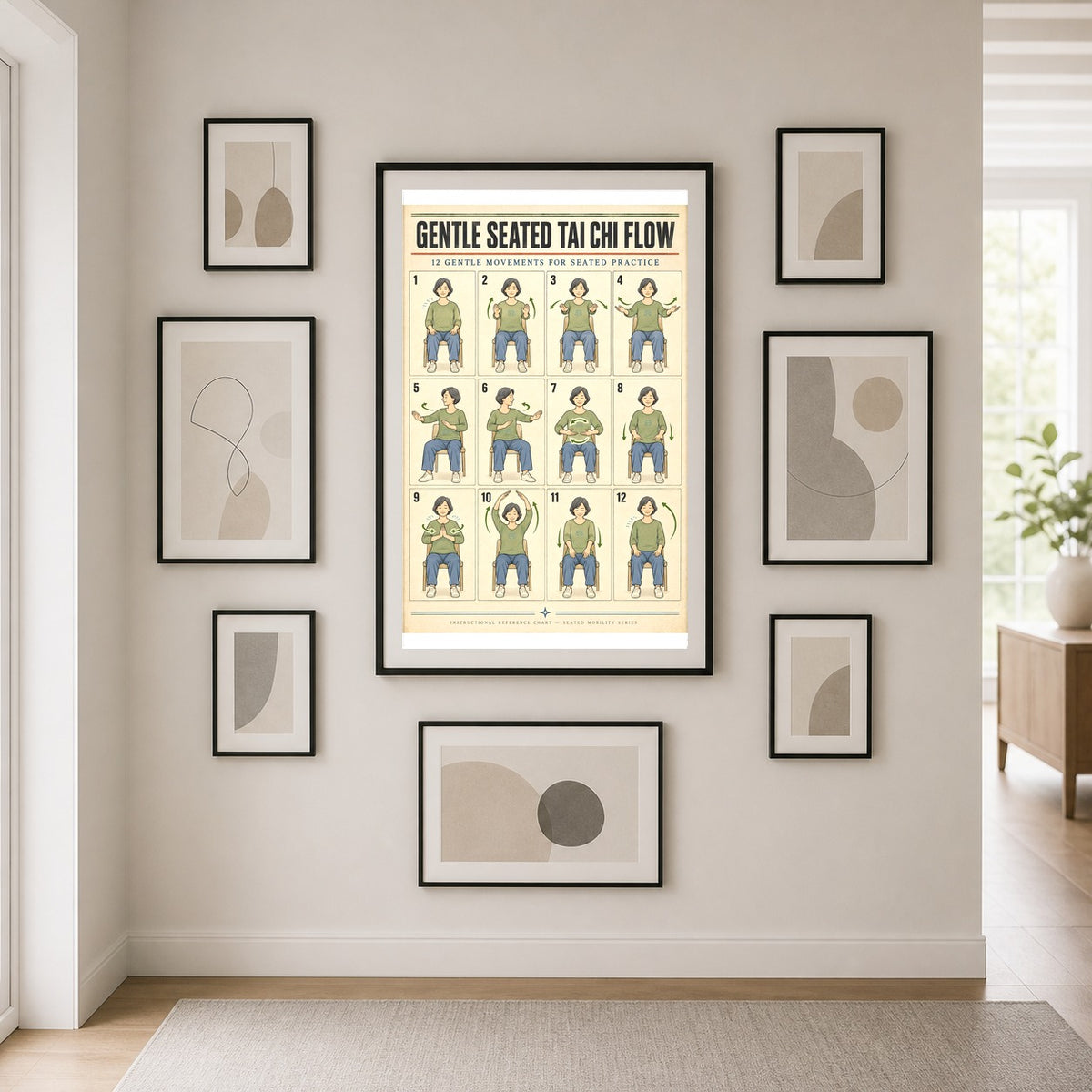 Gentle Seated Tai Chi Flow Poster, Chair Exercise Chart for Seniors
