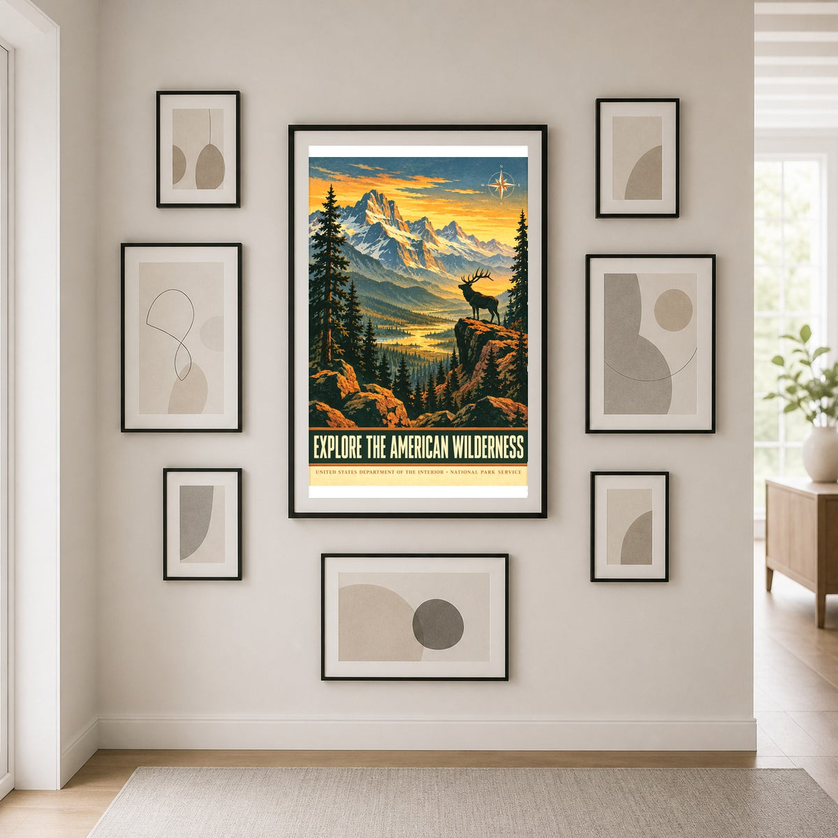 American Wilderness Vintage Travel Art Poster, National Park Elk Landscape