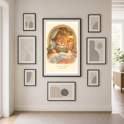 Little Bear Reader Art Poster, Woodland Bedtime Story Nursery Decor