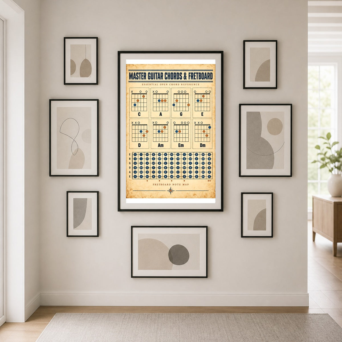 Guitar Chords and Fretboard Chart Poster, Music Reference Art