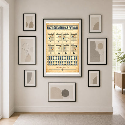 Guitar Chords and Fretboard Chart Poster, Music Reference Art