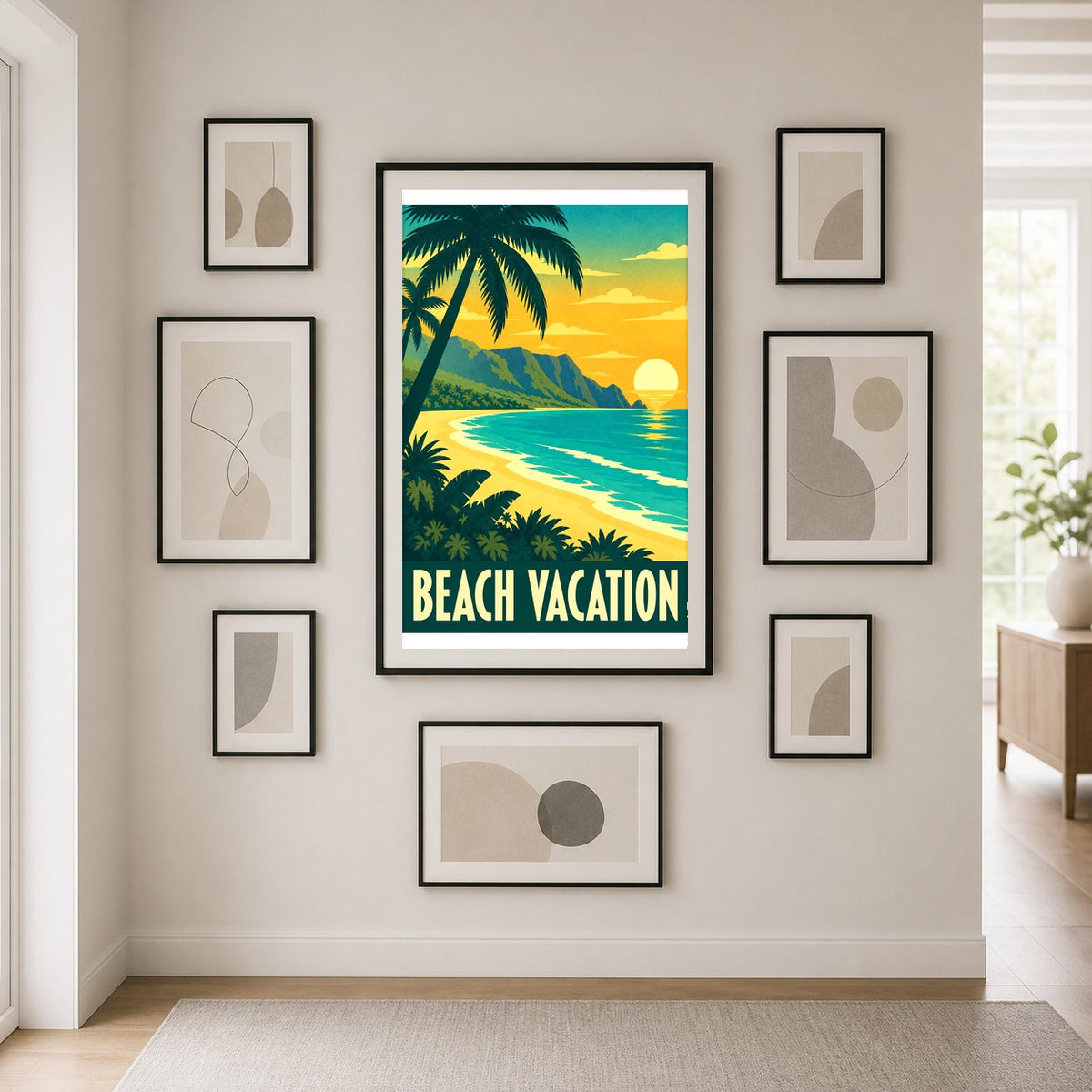 Beach Vacation Vintage Travel Poster, Retro Tropical Wall Art