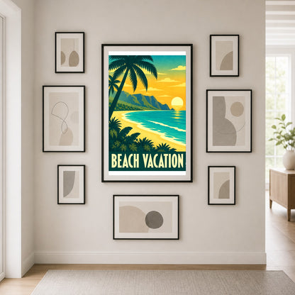Beach Vacation Vintage Travel Poster, Retro Tropical Wall Art