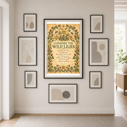 Consider the Wild Lilies Luke 12:27 Poster, Christian Botanical Wall Art