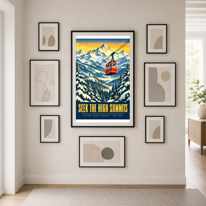 Alpine Tramway Winter Vista Art Poster, Seek the High Summits