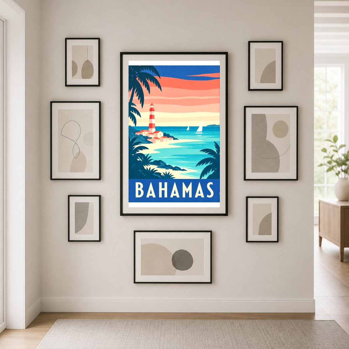 Bahamas Travel Poster, Retro Coastal Lighthouse Beach Art Print