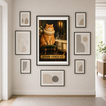 Bathroom Auditor Cat Poster, Funny Victorian Oil Painting Wall Art
