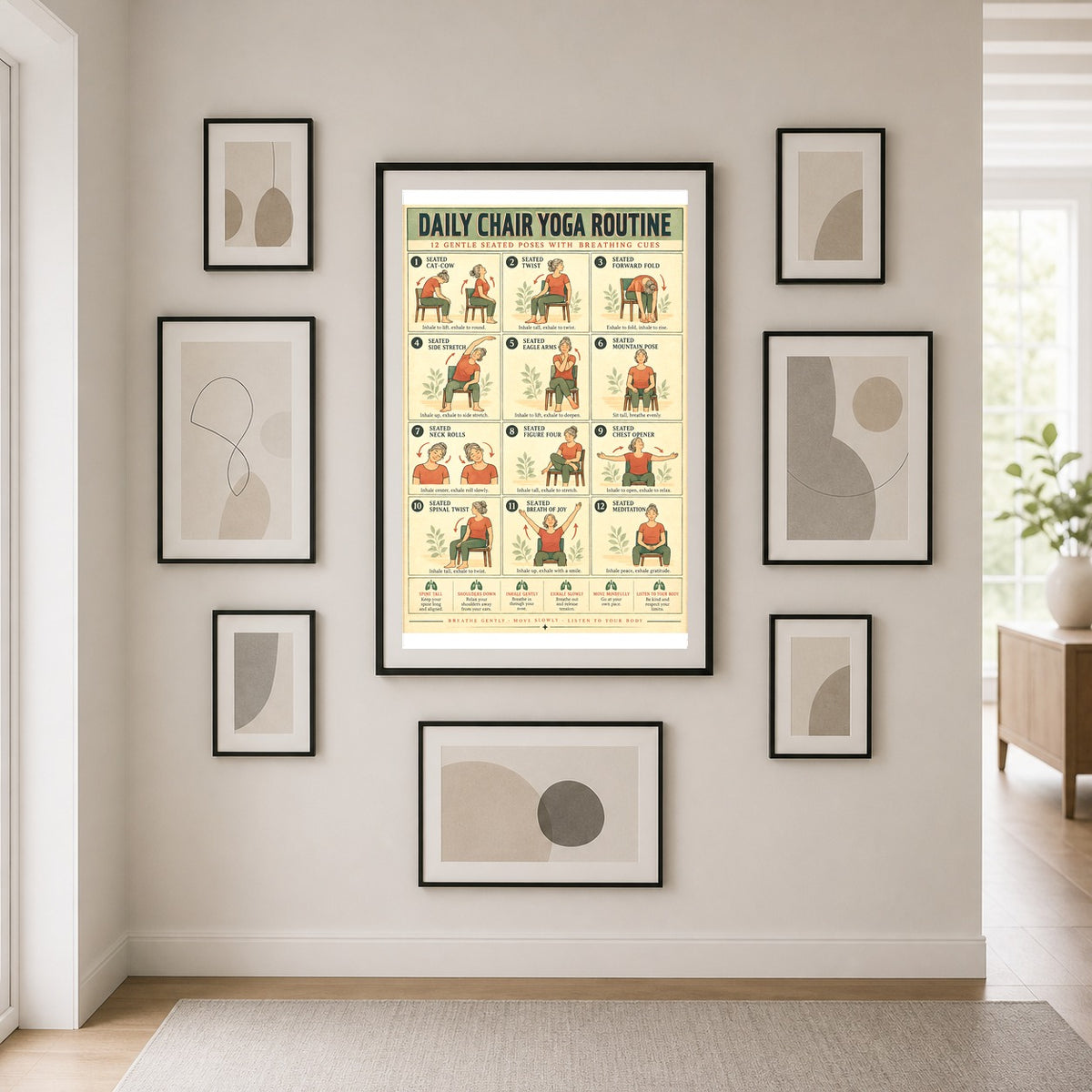 Daily Chair Yoga Routine Poster, Gentle Seated Exercise Chart