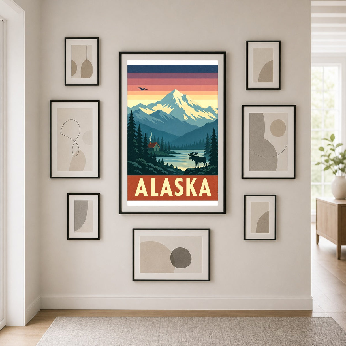 Alaska Vintage Travel Poster, Mountain and Moose Wilderness Wall Art