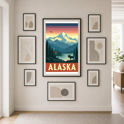Alaska Vintage Travel Poster, Mountain and Moose Wilderness Wall Art