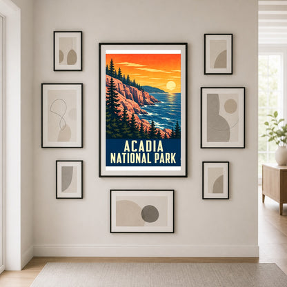 Acadia National Park Vintage Travel Art Poster, Maine Coastal Print